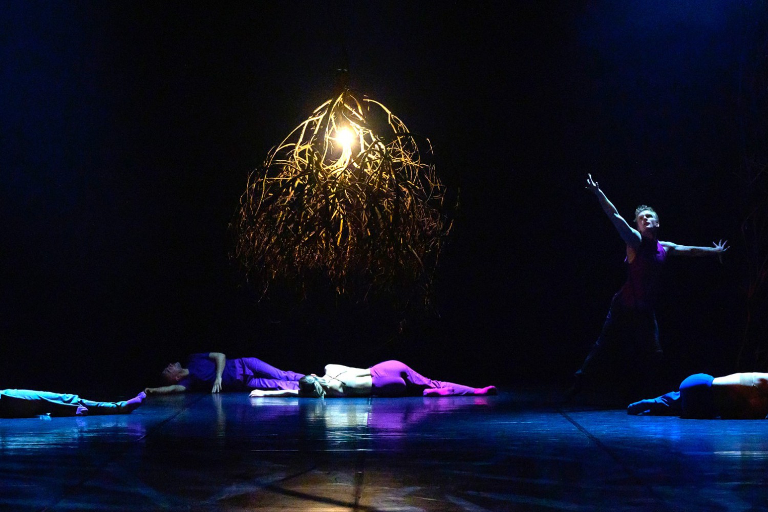 Einige T&auml;nzer*innen liegen auf dem Boden unter einer Skulptur aus &Auml;sten