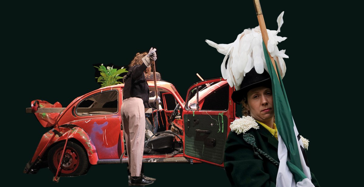 Eine Bildcollage mit einem zertrümmerten VW-Käfer und Katze Greeven in Schütz*innen-Kluft