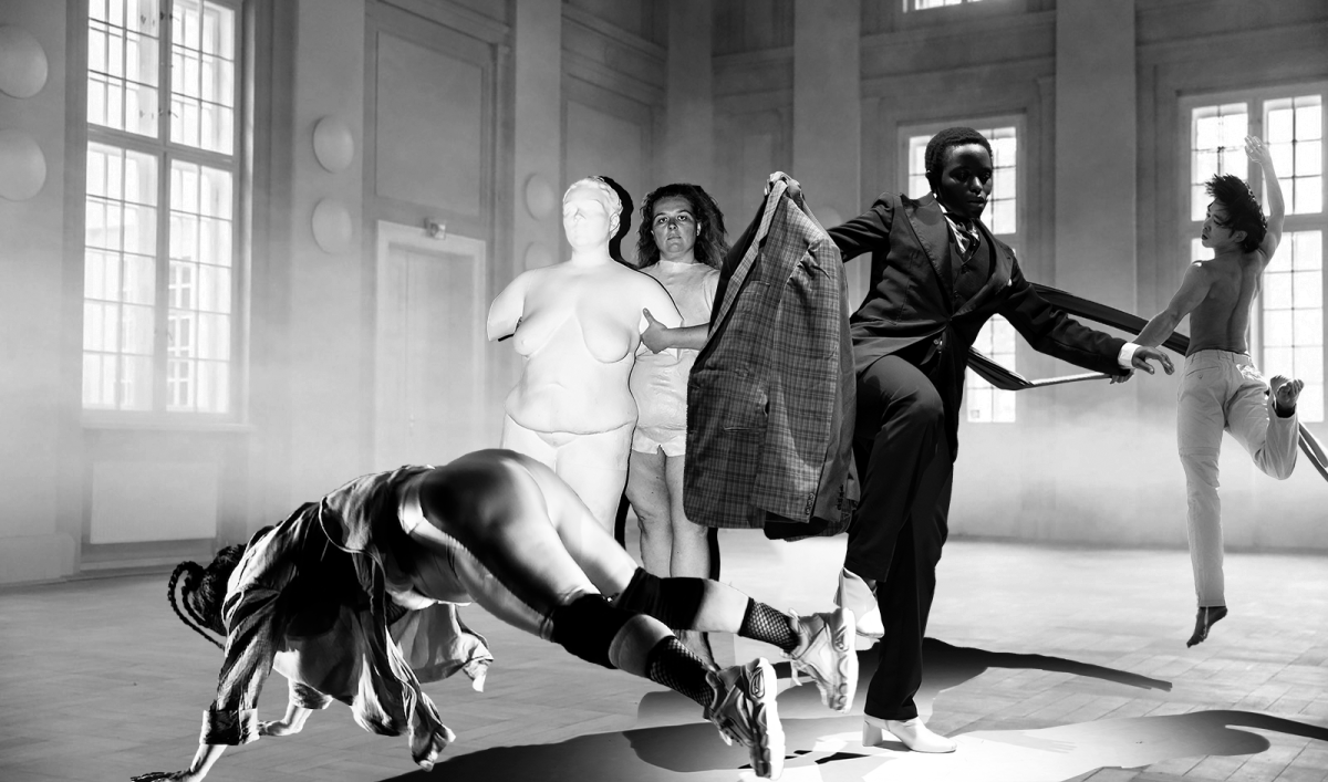 Black and white collage: Various performers (from different pieces) move around in a spacious room.