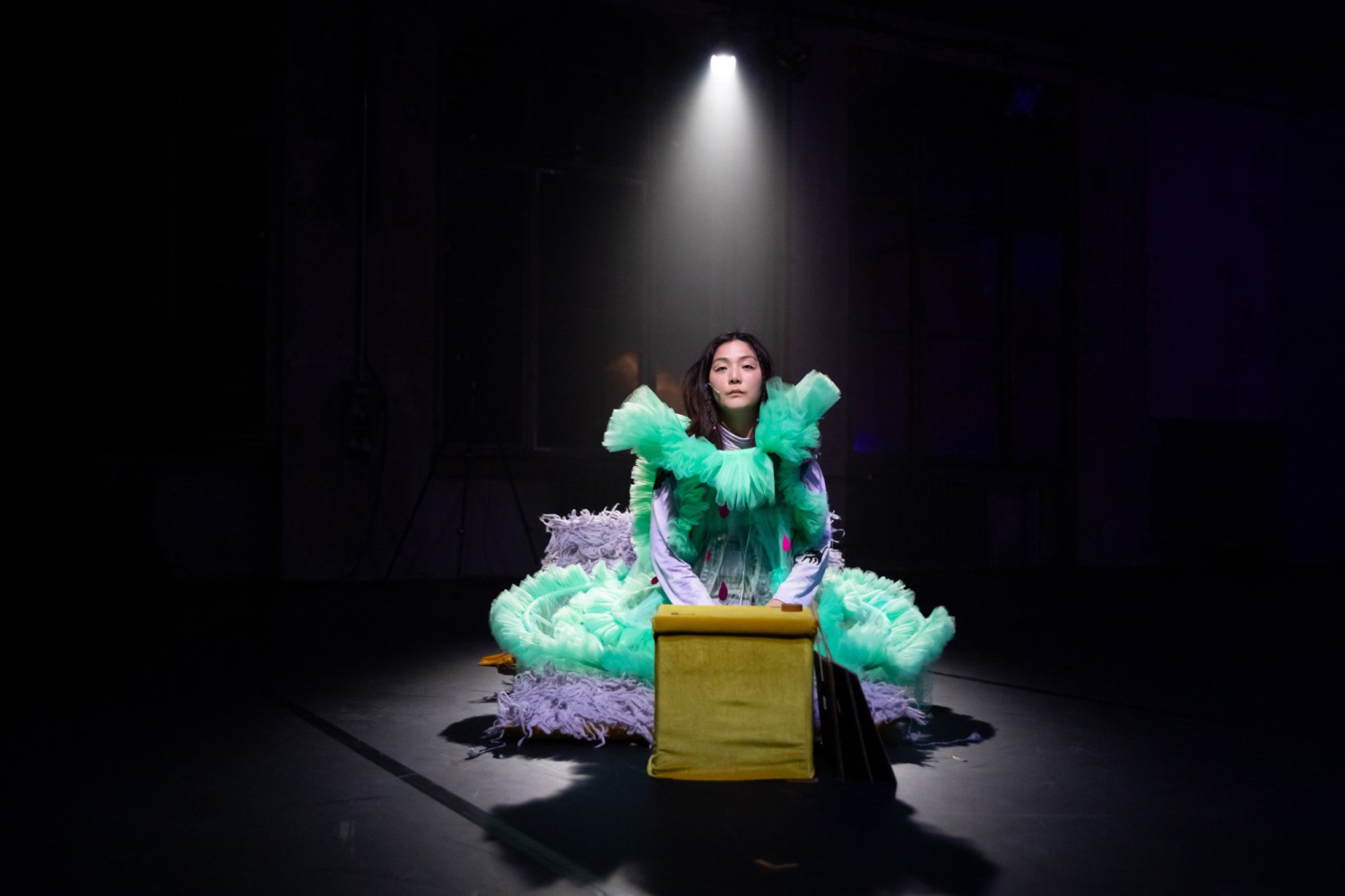 Hyunsin Kim, dignified in an elaborate costume, bathed in a bright cone of light