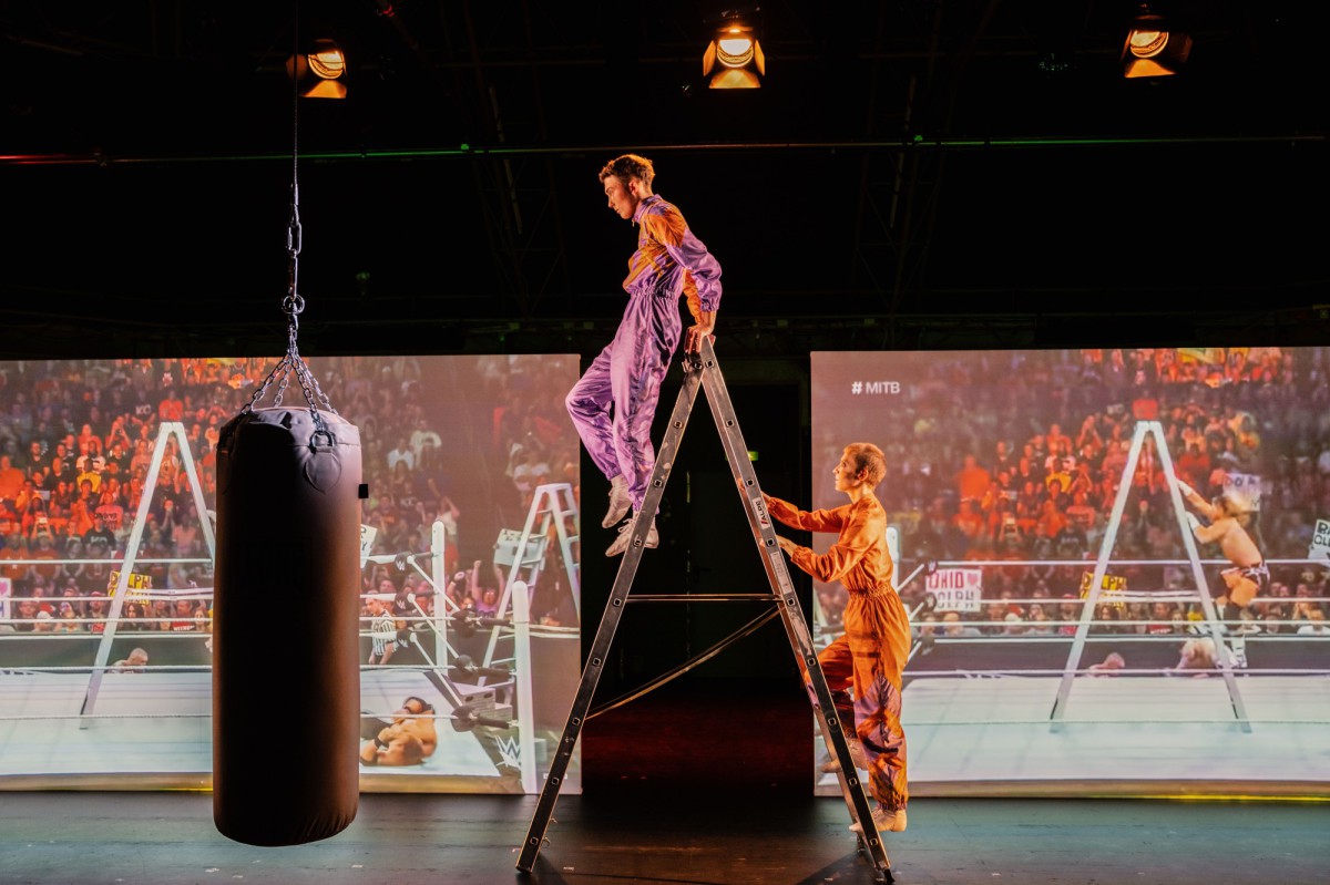 The performers on a ladder with a punching bag
