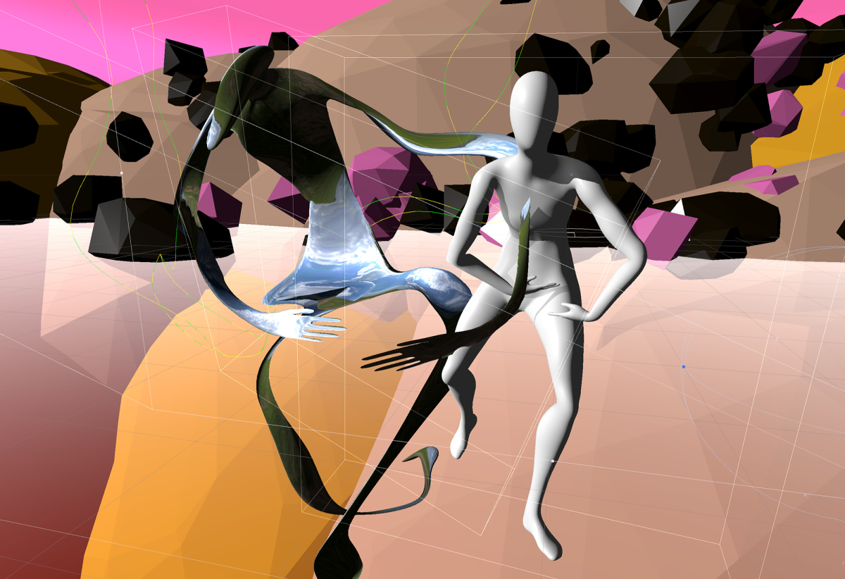 3D rendered image with abstract human figures, in background various geometric bodies