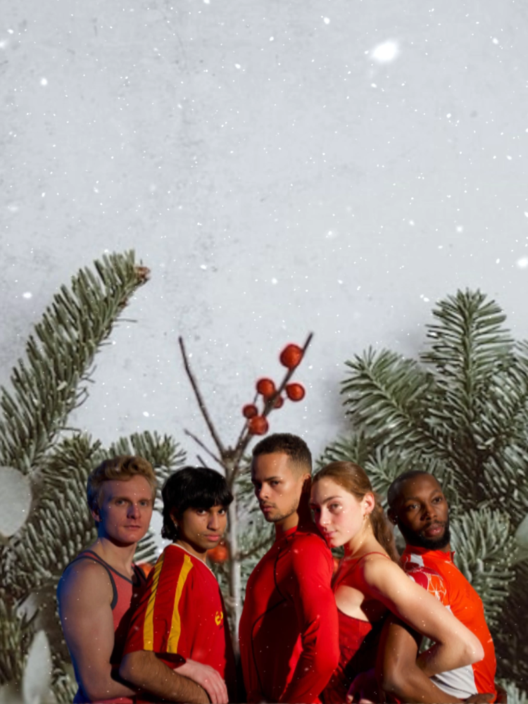 Fünf Tänzer*innen in weihnachtlichem Outfit